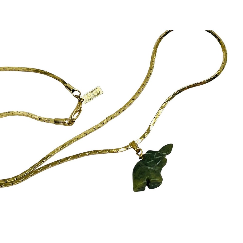 Vintage Necklace Pendant 18k Yellow Gold Plated Chain Figural Jade Elephant 20"